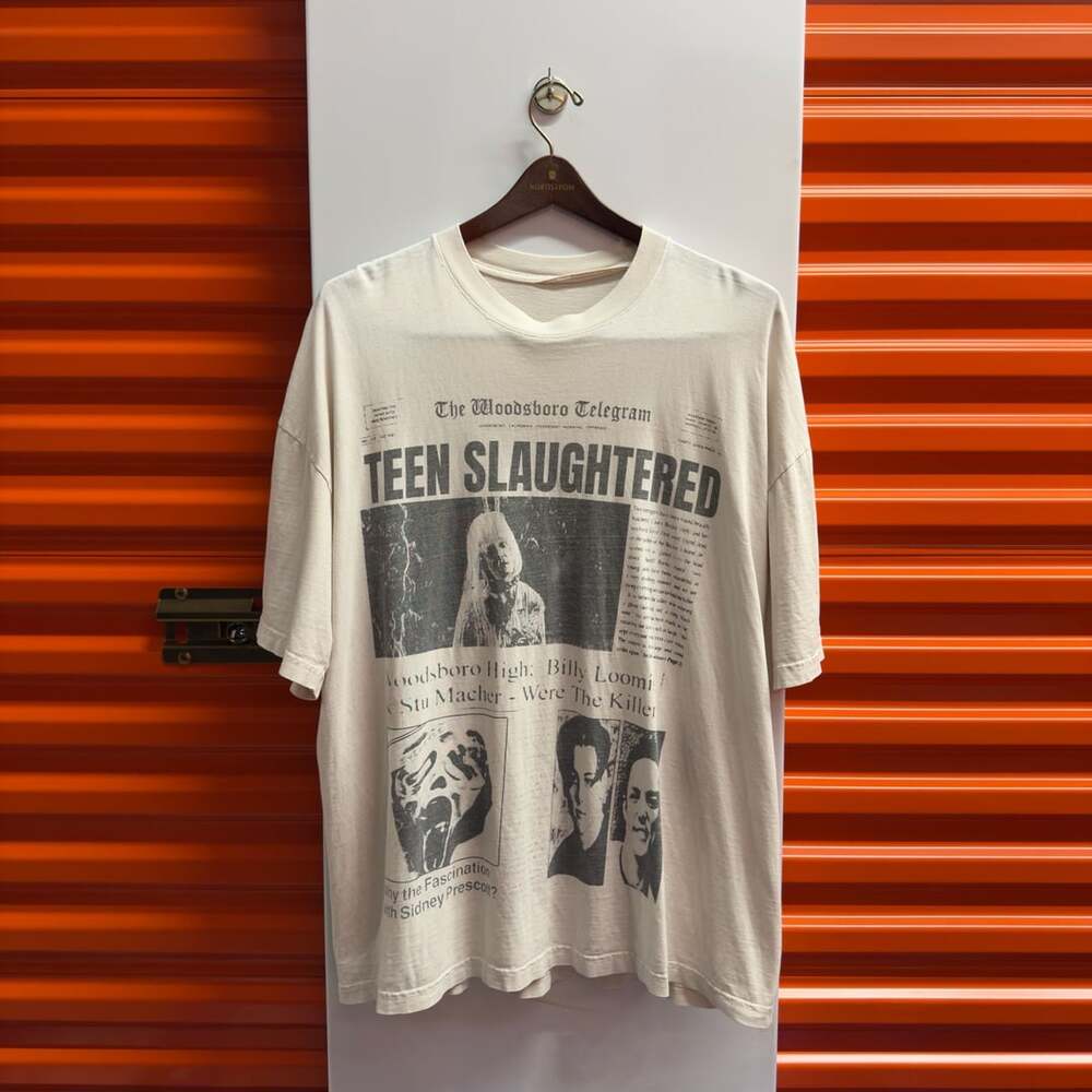 Scream Graphic T-Shirt White Newspaper Teen Slaughtered